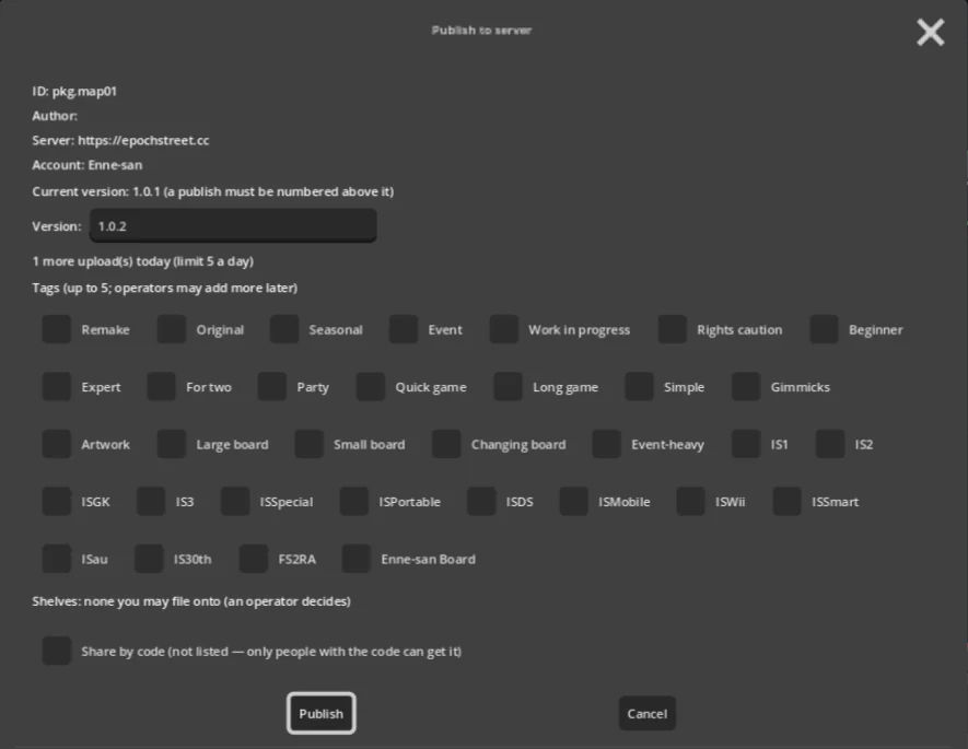 The board editor's publish window