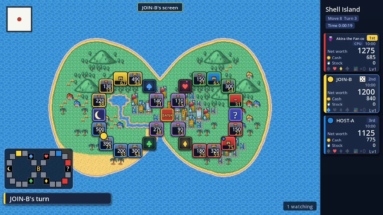 A spectator's screen - "JOIN-B's screen" at the top, "1 watching" bottom right