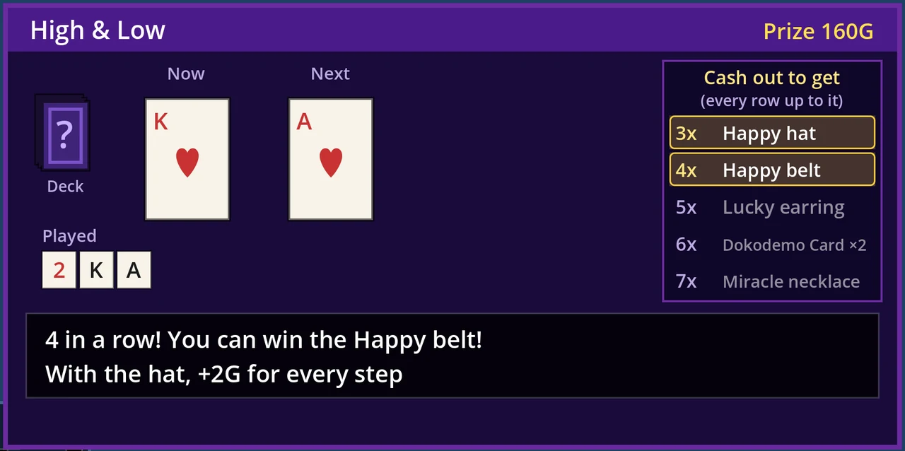 Modern High & Low: at 4 wins, the hat and belt rows light up