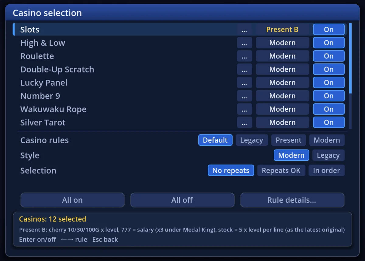 The casino selection screen. The "Casino rules" row switches them all at once