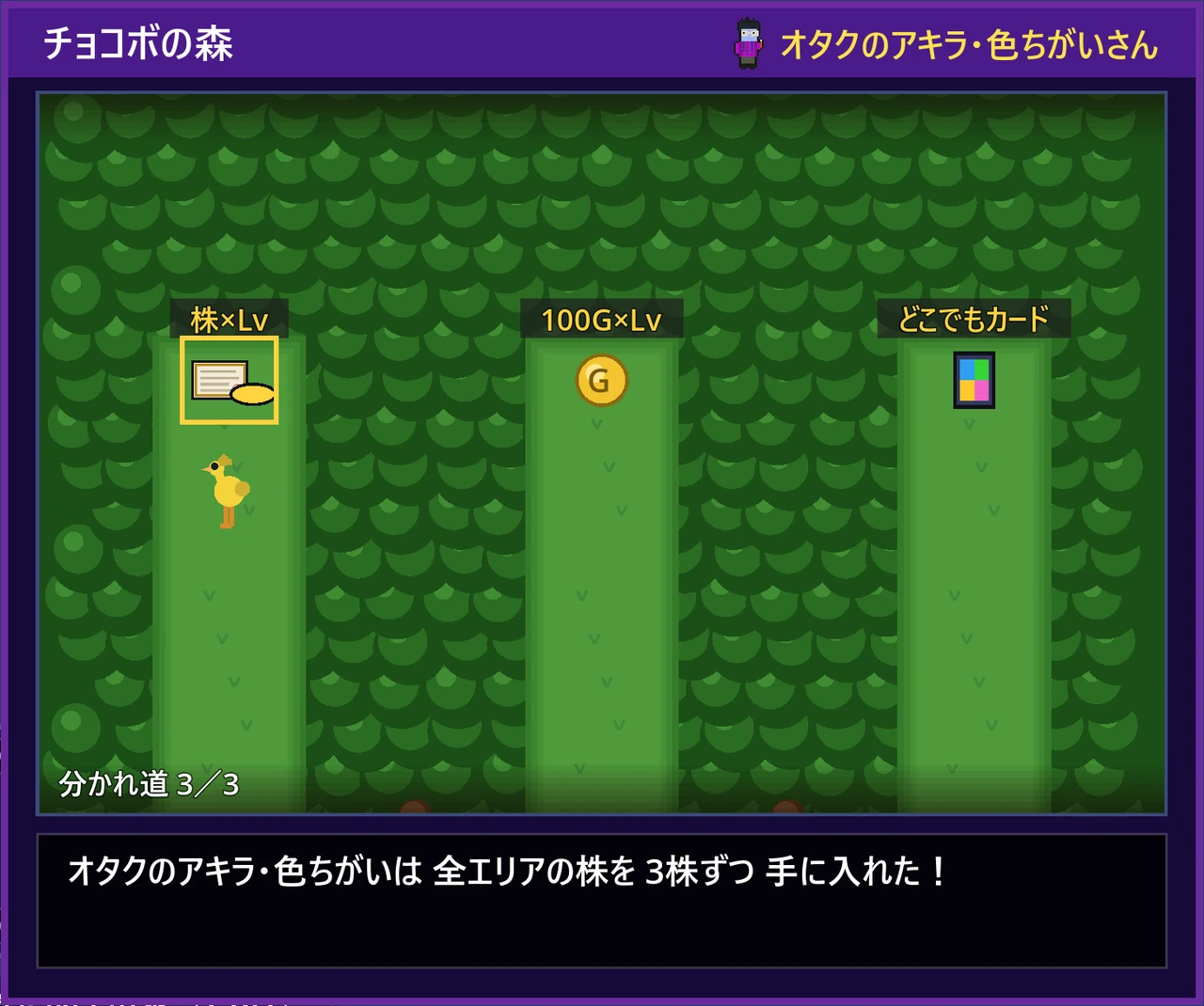 チョコボの森の分かれ道3。道の奥に 株×Lv・100G×Lv・どこでもカード