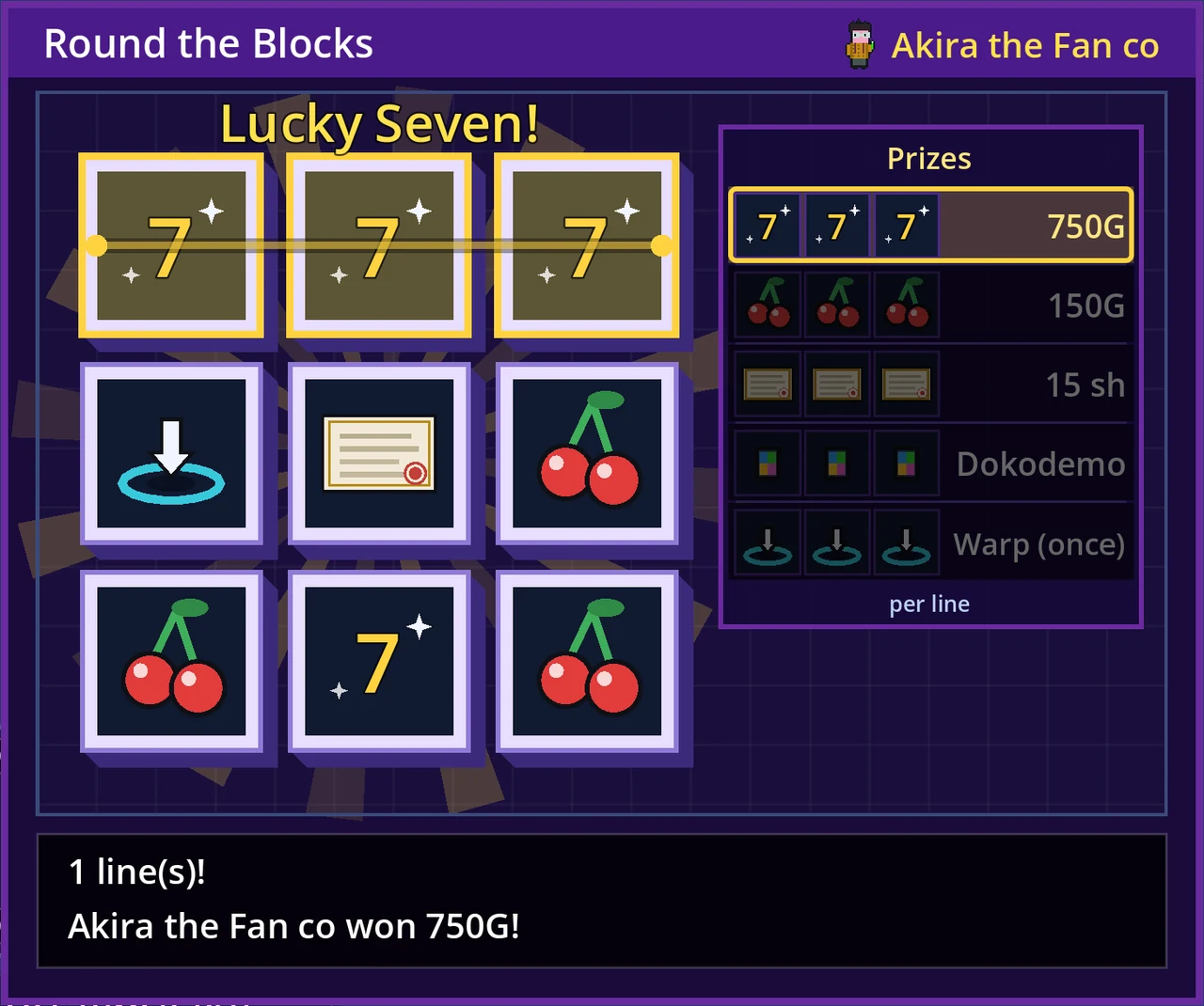 Round the Blocks: a line of 7s pays the Modern 750G (Lv3)