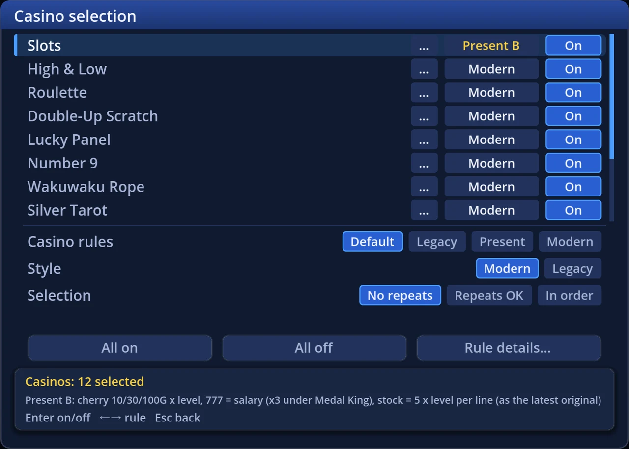 The casino picker: the Casino rules row switches Default / Legacy / Present / Modern at once