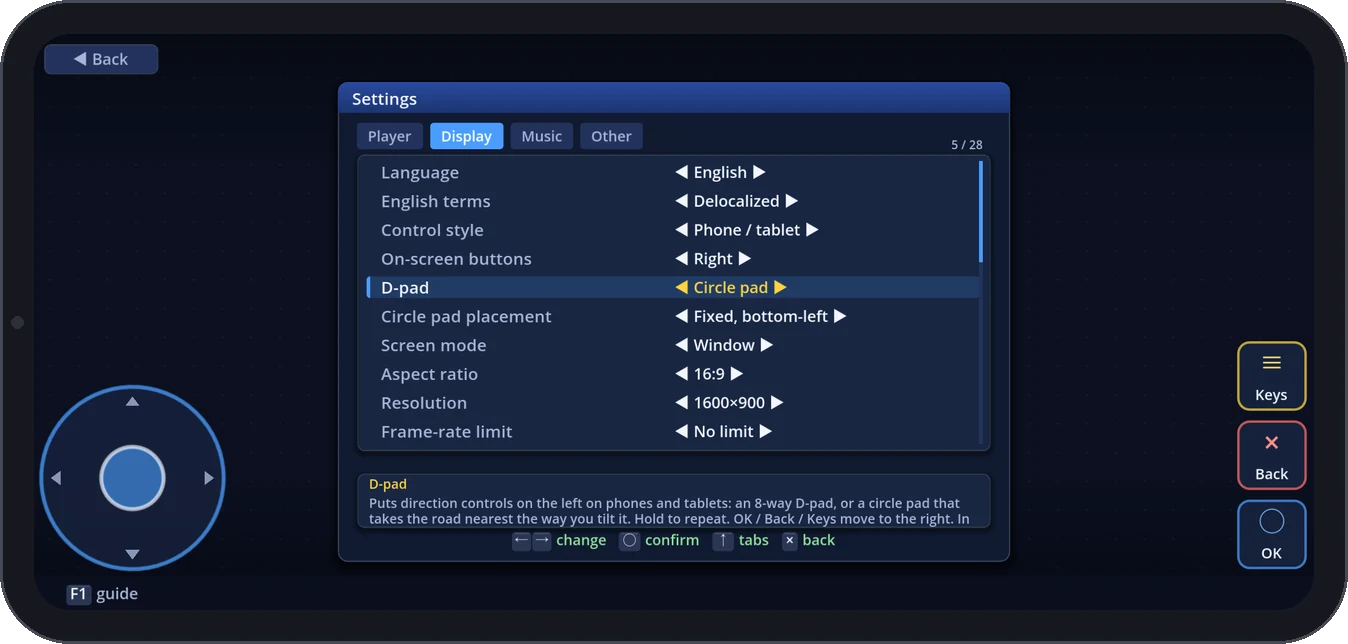Settings → Display: Control style, On-screen buttons, D-pad (circle pad) and Circle pad placement