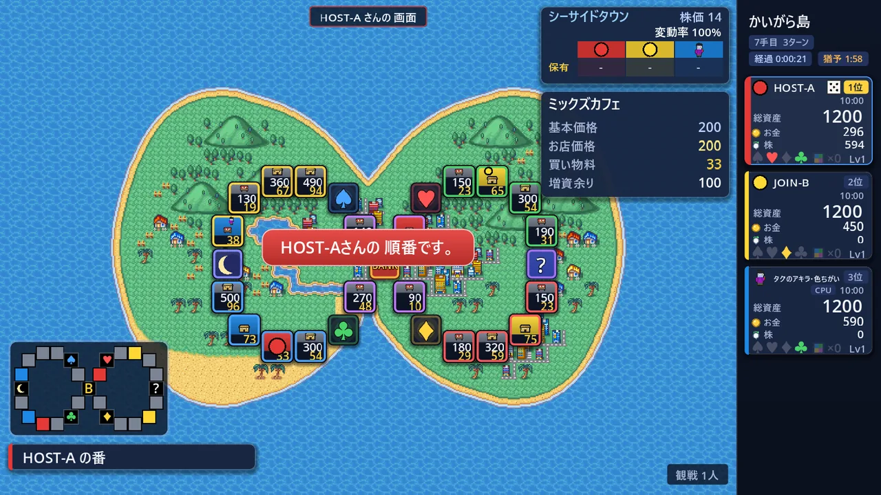 観戦者の画面 — 上に「HOST-A さんの 画面」、右下に「観戦 1人」