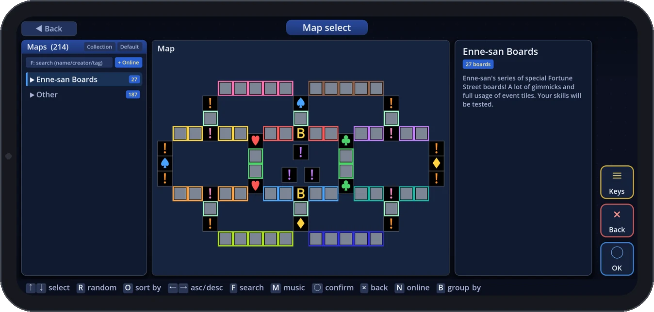 Map select: OK / Back / Keys on the right even on a full-width screen