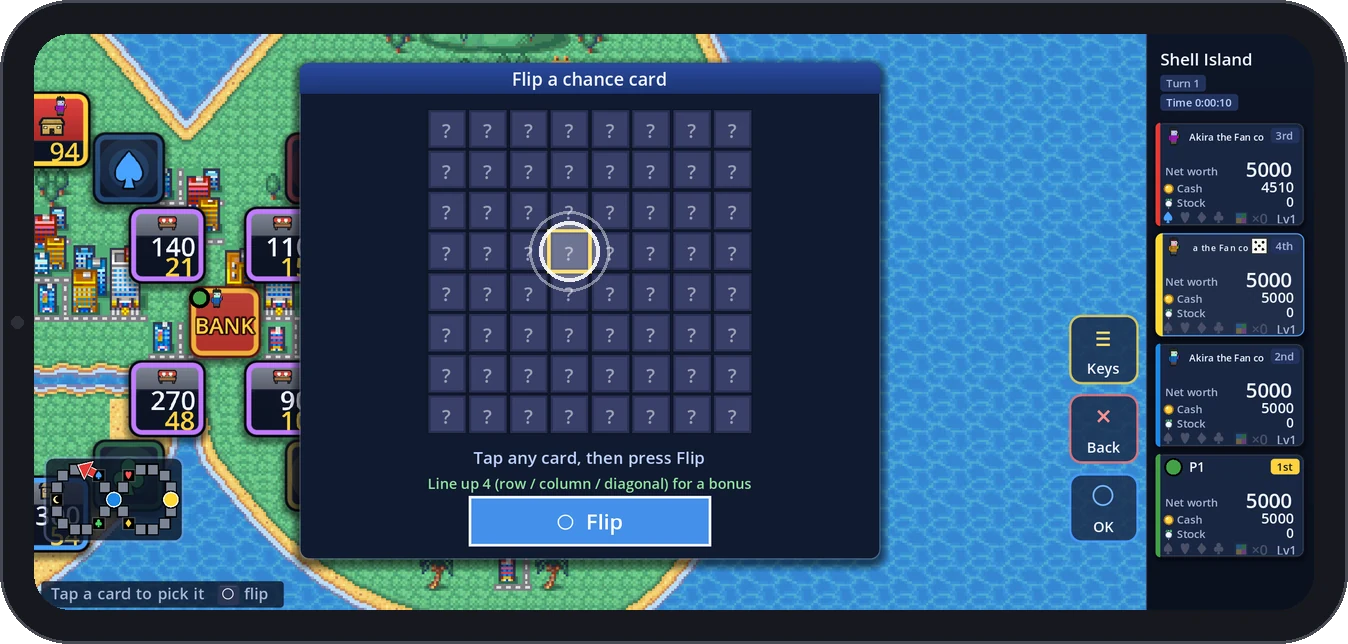 A chance card picked by tapping, with the big Flip button below