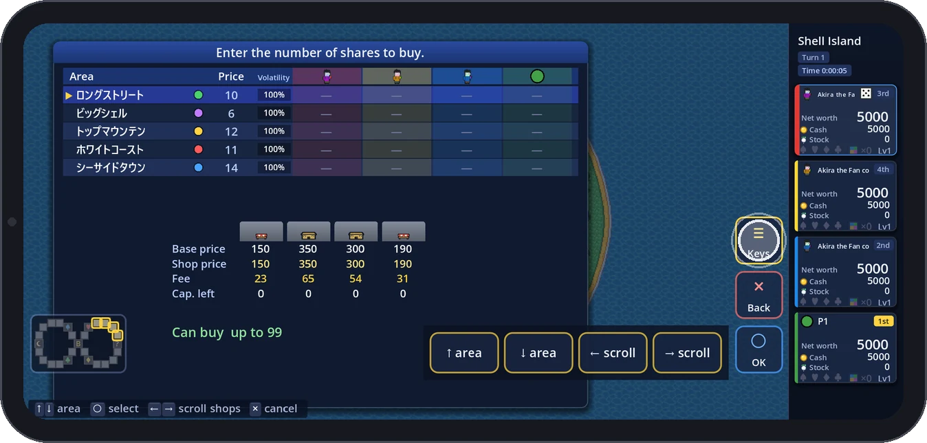 Keys opened while buying stock: area select and shop scroll as big buttons