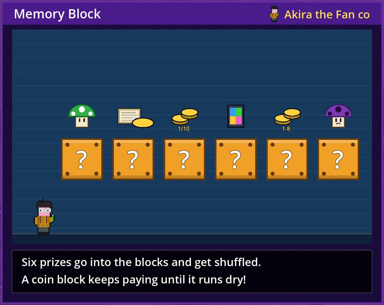 Memory Block Modern: the six prizes (1-Up Mushroom, stock, two coin blocks, Dokodemo Card, Poison Mushroom) before they go into the blocks