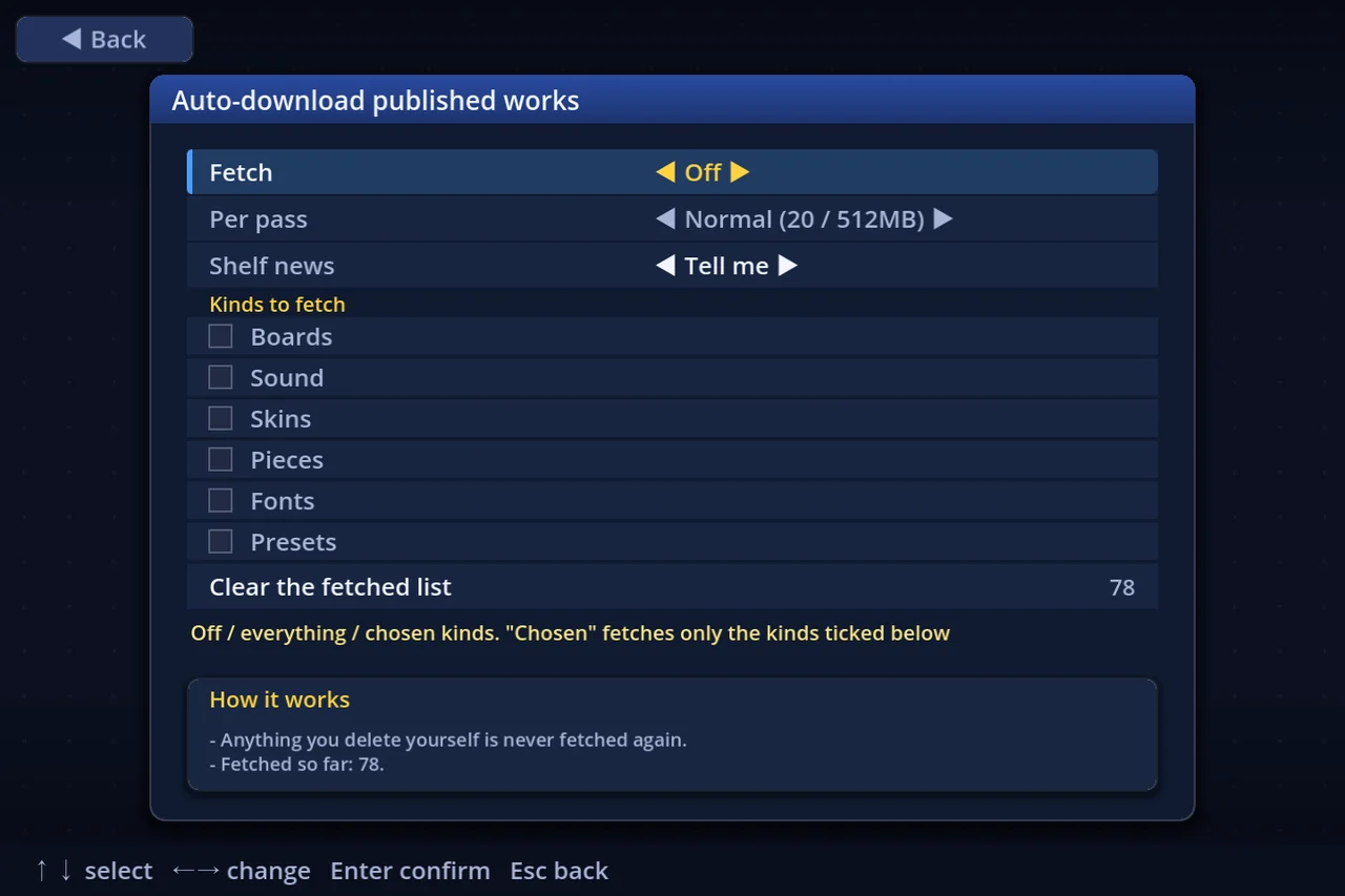 Auto-download published works (Settings → Other)
