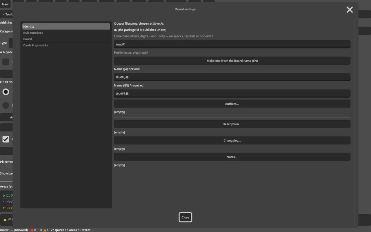 The board-settings window — four pages