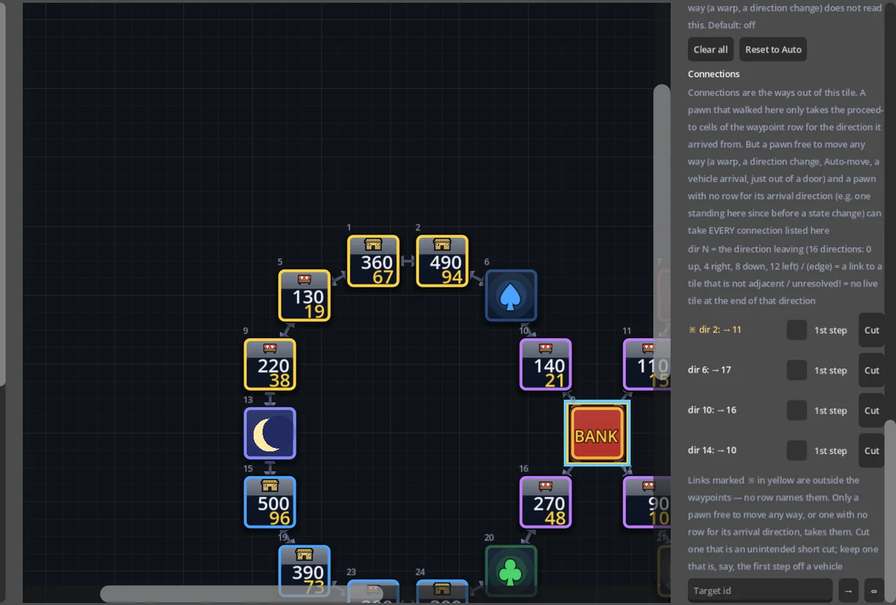 The connection list — a yellow ※ is a connection no waypoint row names
