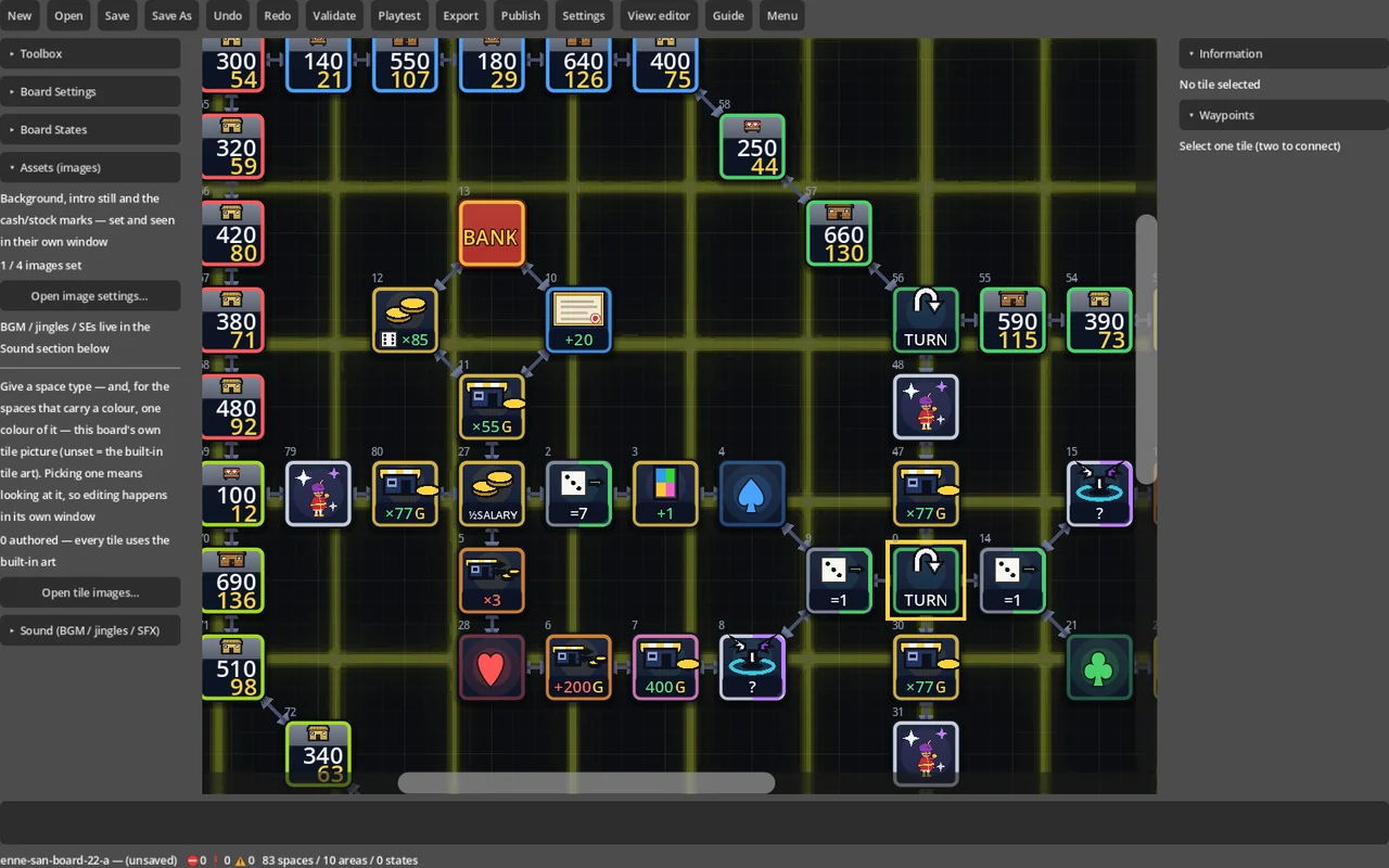 The board editor, with a board open