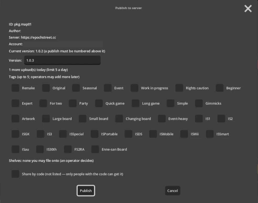 Publishing — the current version, the tags, and Share by code