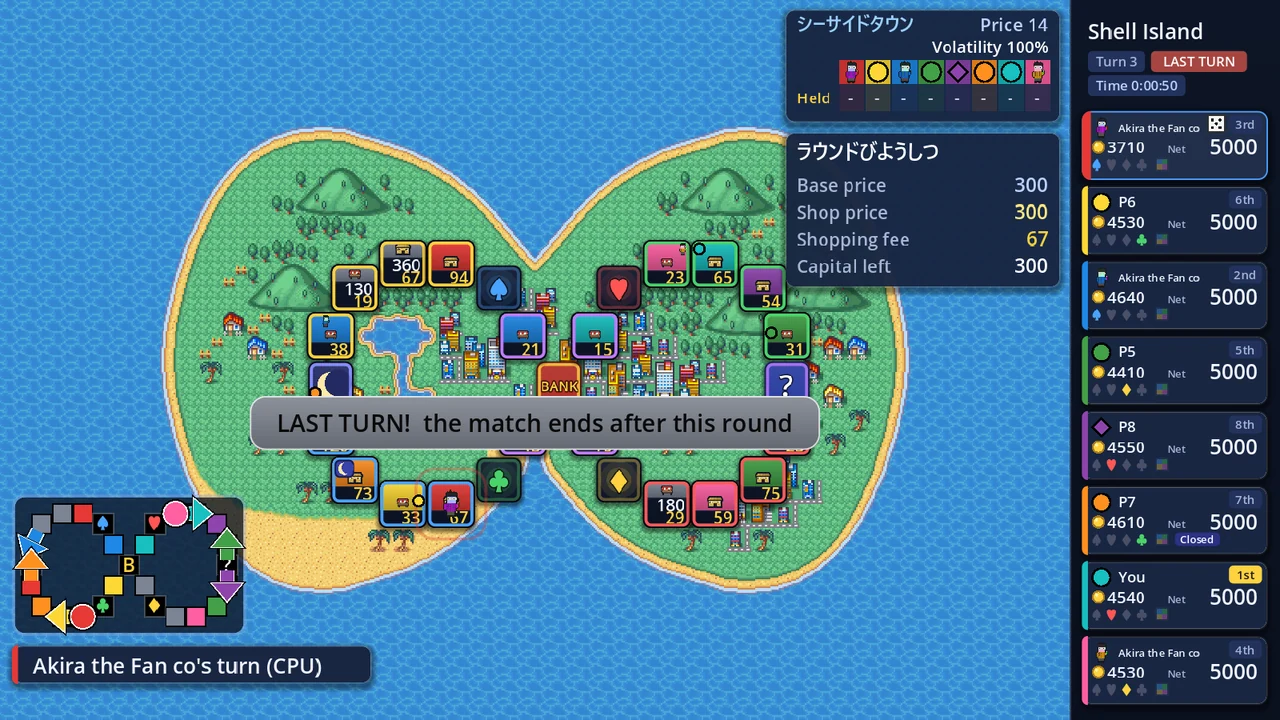 The final lap — a LAST TURN banner on the board, and in the sidebar