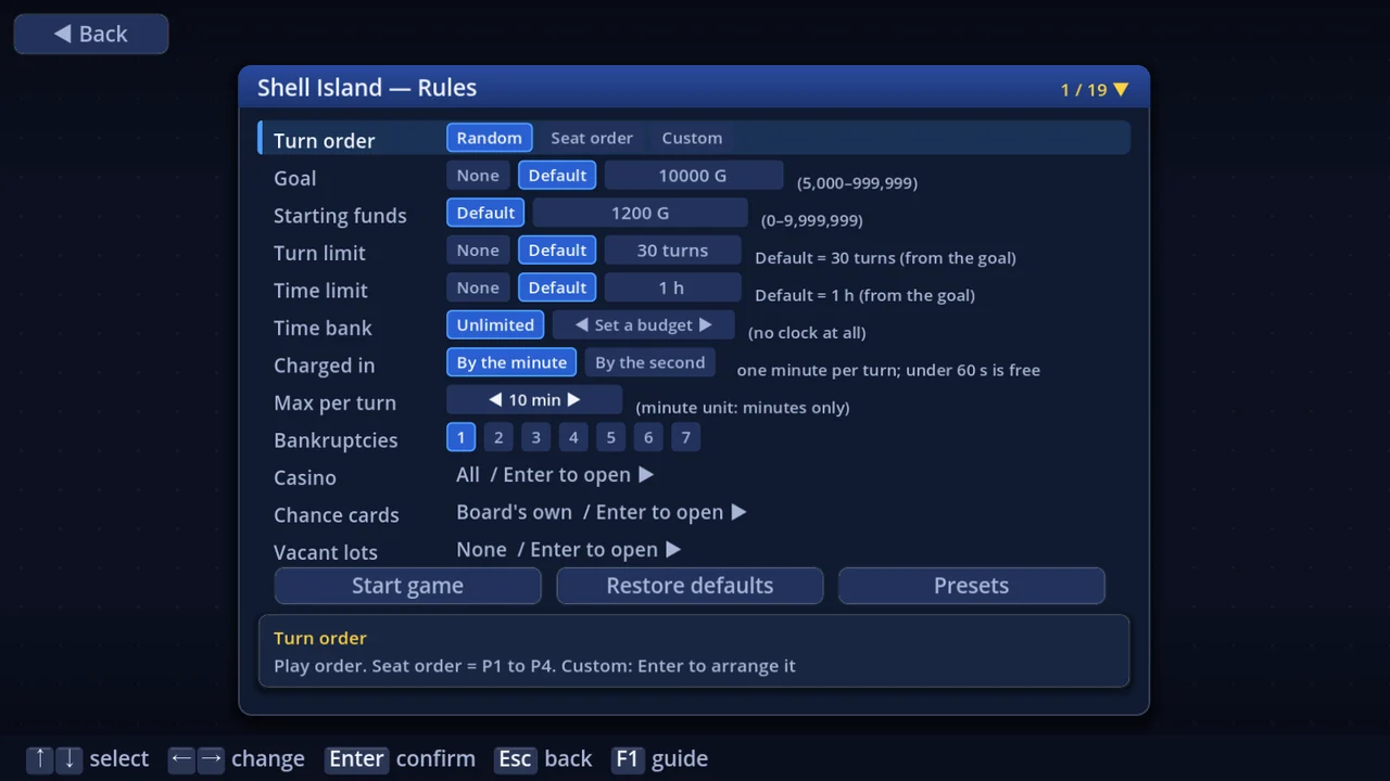 Rule settings — the Turn limit, Time limit and Time bank rows