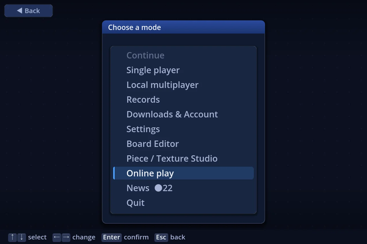 The mode list — Online play sits near the bottom