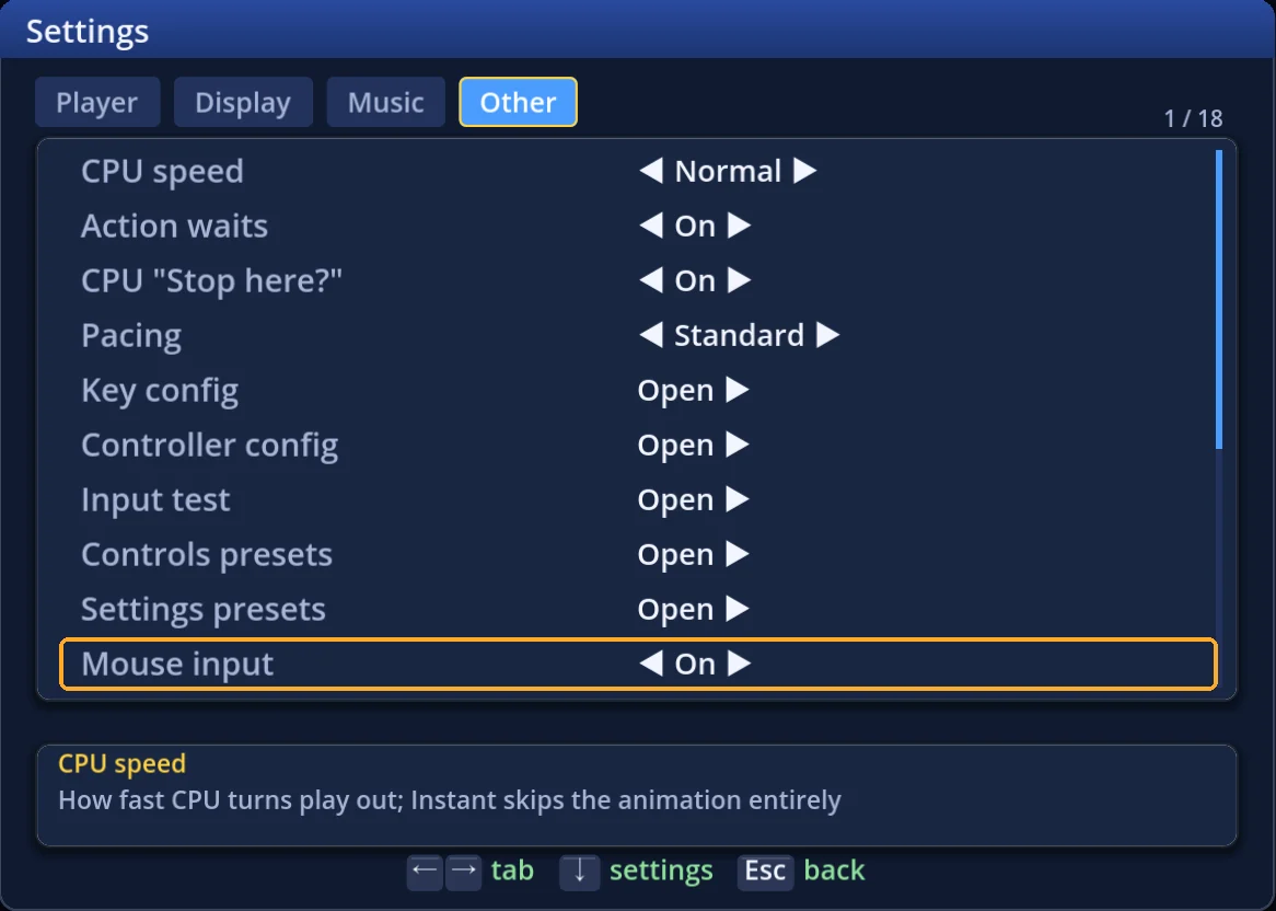 Settings → Other — Mouse input is at the bottom; Key config, Controller config, Input test and Controls presets are on the same tab