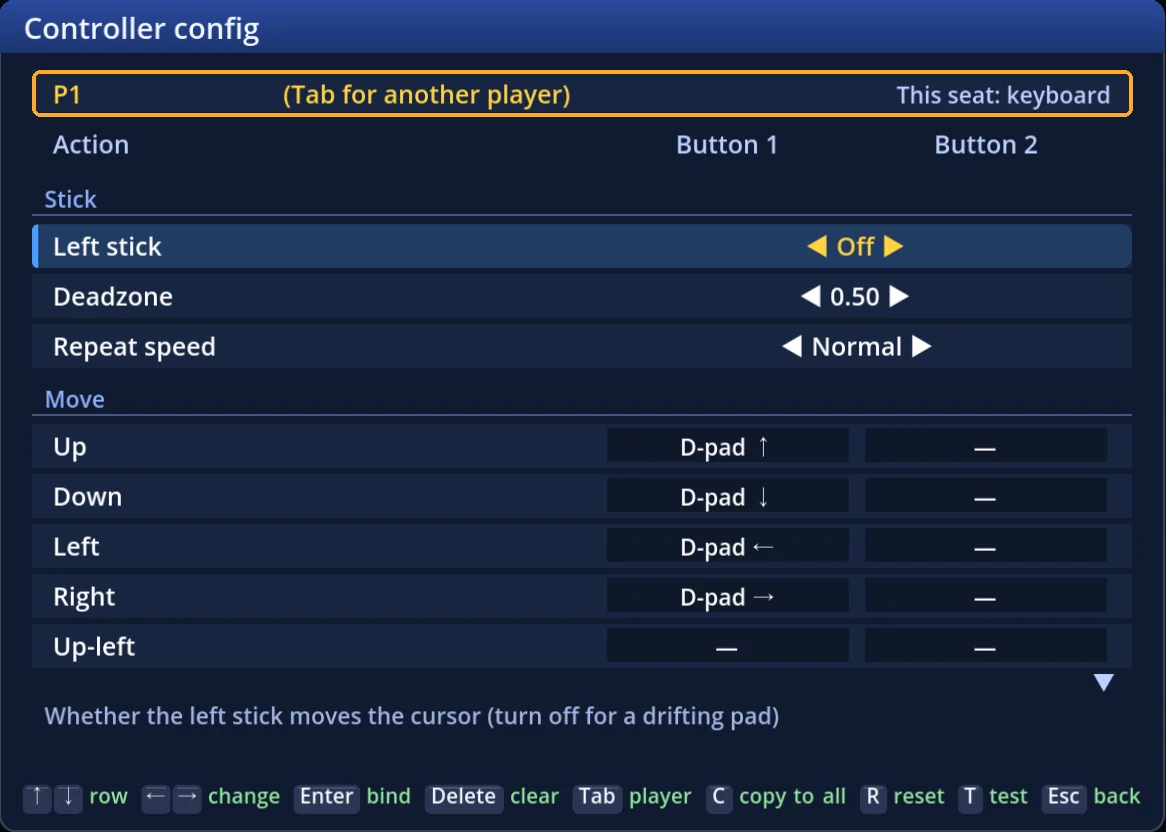 Controller config — one table per seat; Tab for another seat