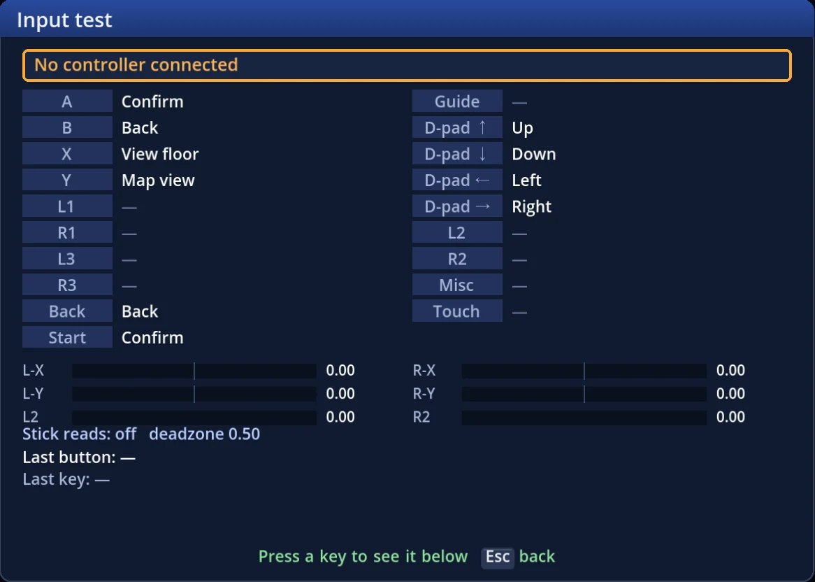 Input test — the top line names the controller just pressed (pictured with none connected)