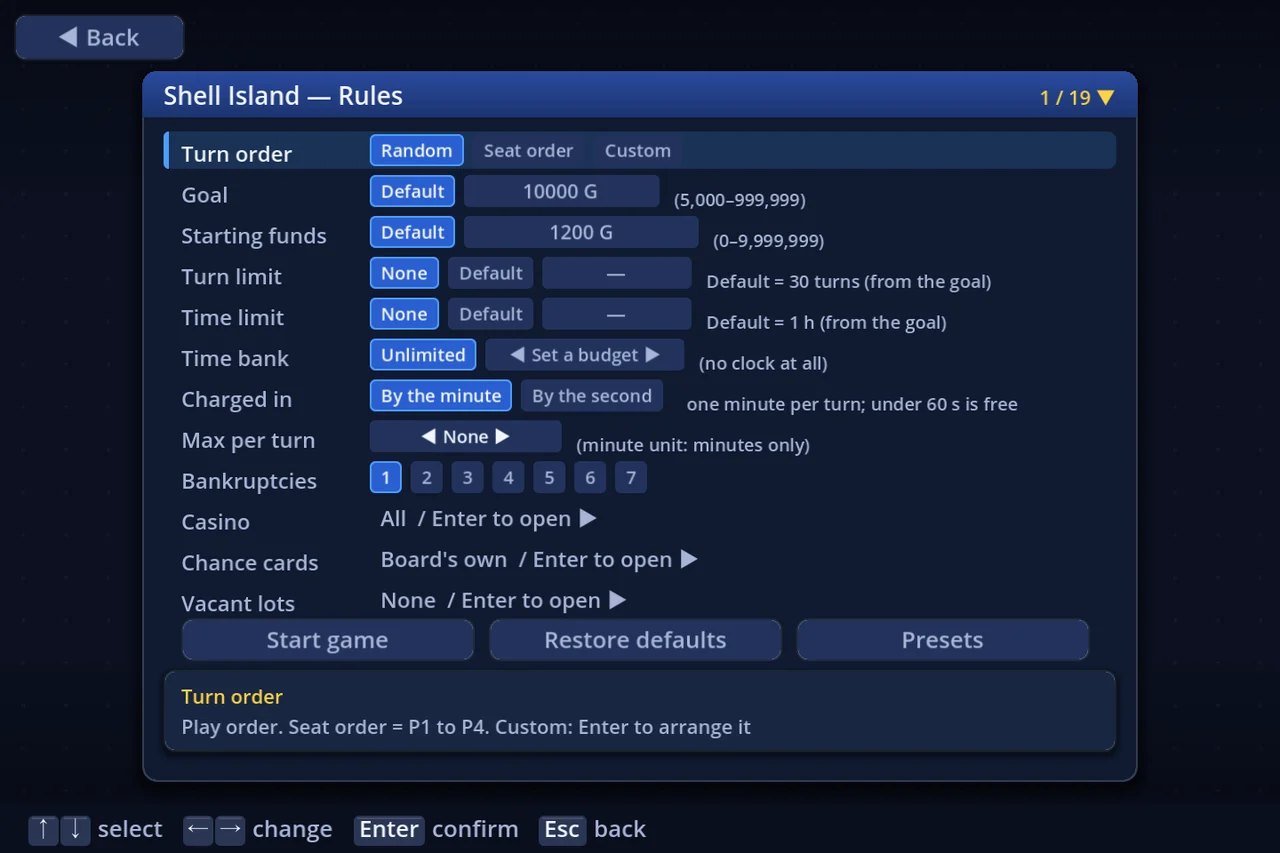 Rule settings — press R on the board list