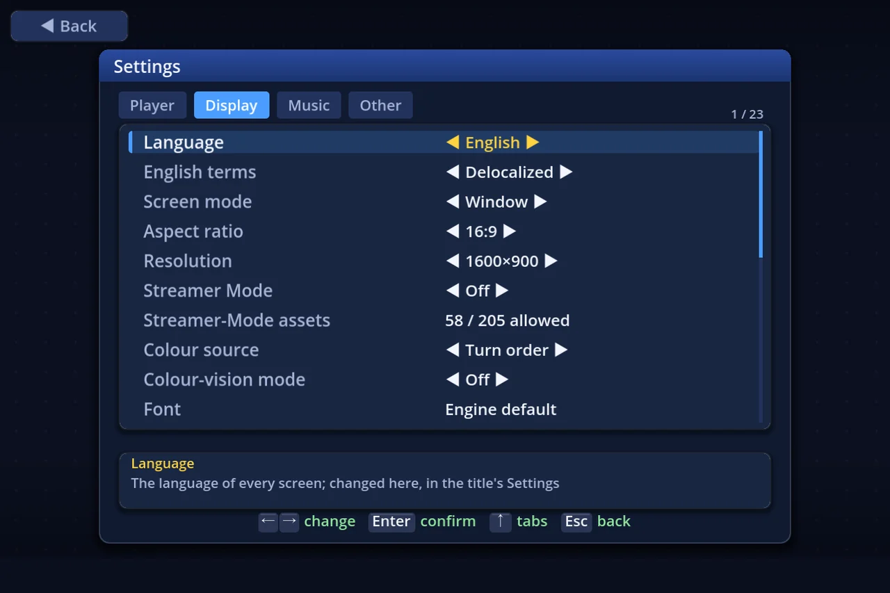 Settings on the title screen — the Display tab
