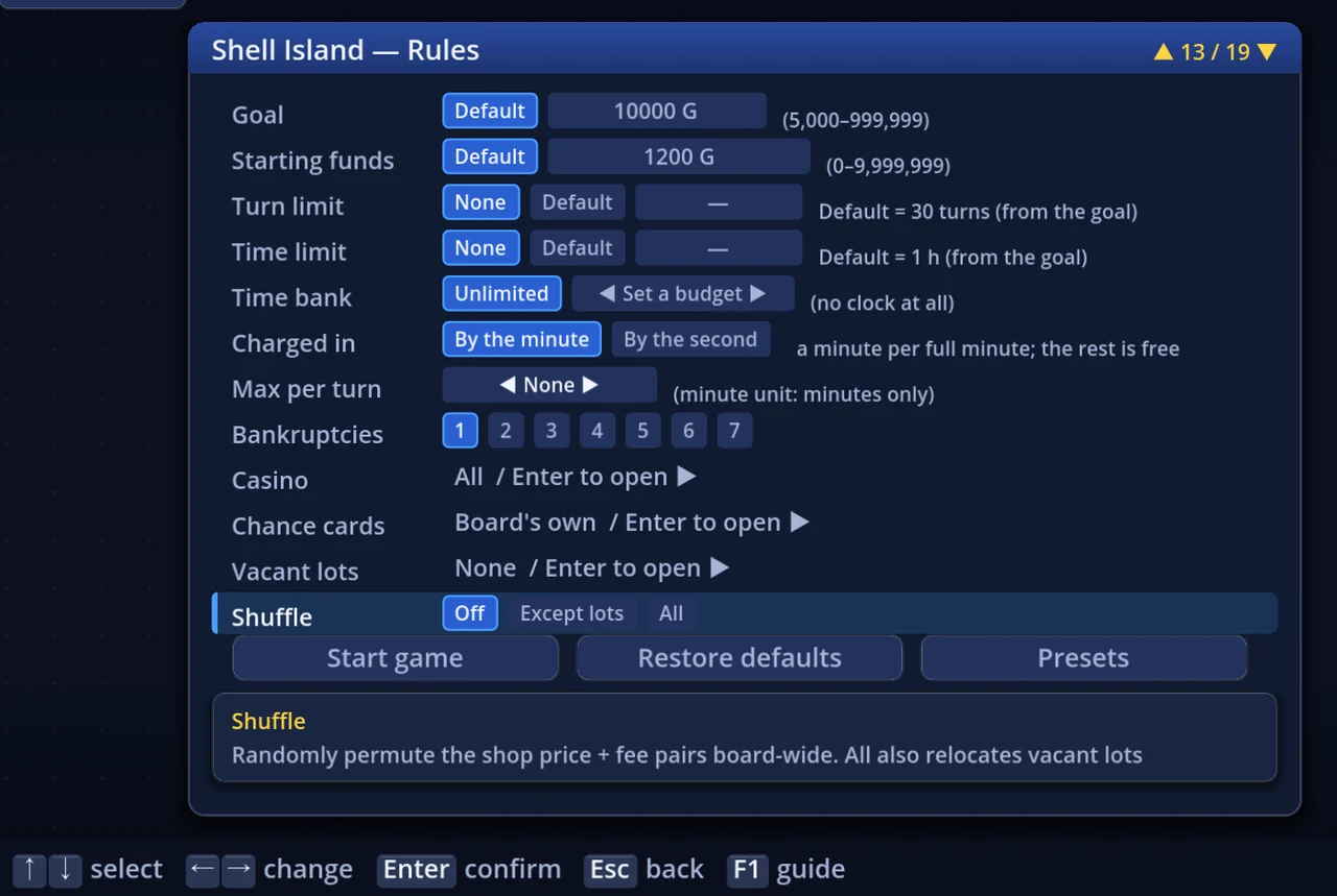 The Shuffle row in Rule settings — Off / Except lots / All